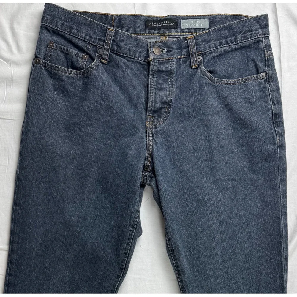 Aeropostale Mens Slim Straight Jeans Dark Wash Blue Button Fly 32x34 Denim